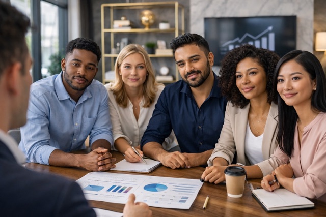 Colleagues working together around a table in a bright office