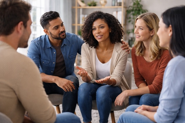 A small group sitting in a circle during a therapy session